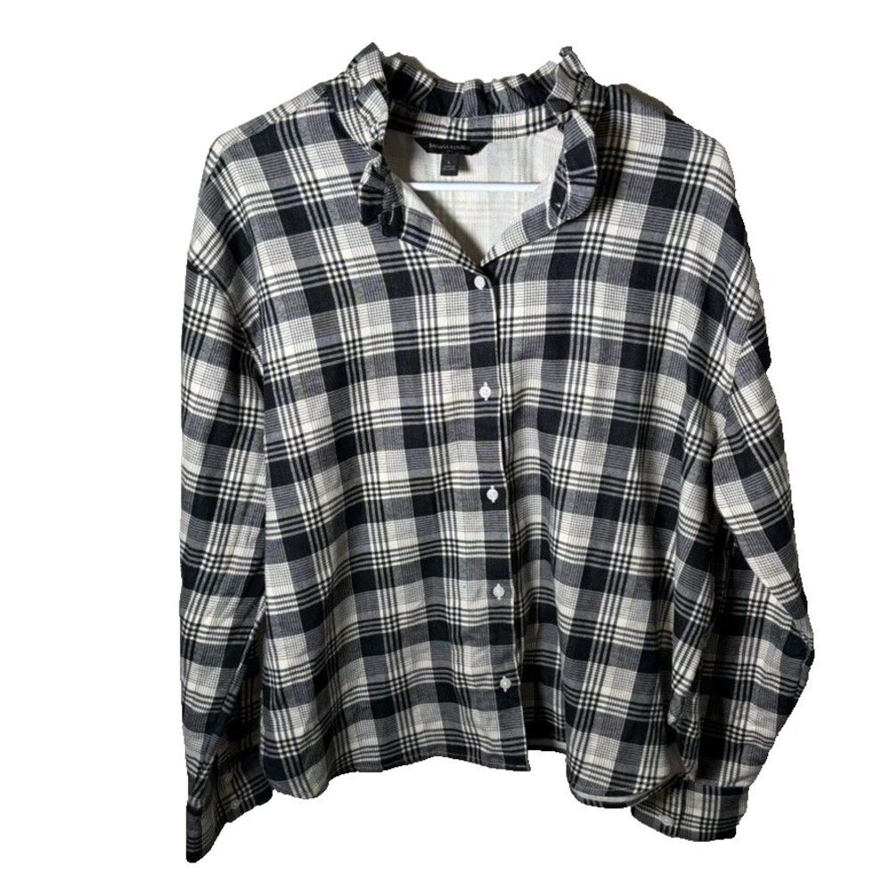 Banana Republic Shirt Women's Large Plaid Ruffle Button Up Long Sleeve Casual